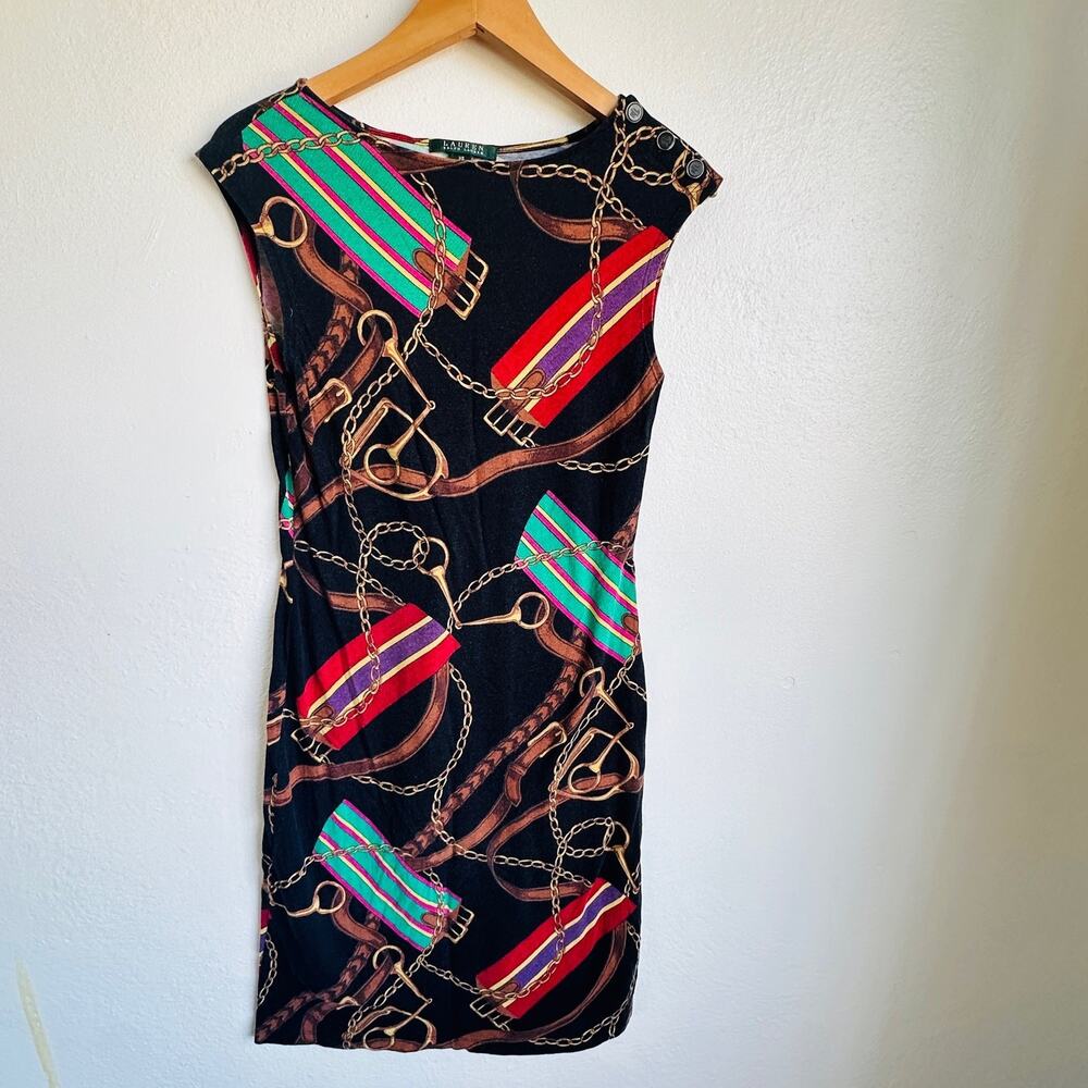Lauren Ralph Lauren Equestrian Chain Print Sheath Dress XS Prep Heritage Classic